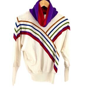 Vintage 80s Escorpion Cream Multi Stripe Graphic Cowl Neck Knit Sweater
